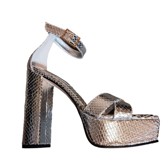 NEW Good American Ankle Strap Open Toe Platform Sandals Silver Snake Size 8 - Picture 10 of 16